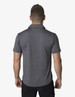 A grey polo shirt featuring a logo, viewed from the back. Short sleeves and a tailored fit are visible.