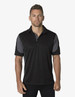 A black polo shirt with grey accents, featuring a collar and short sleeves. The shirt has a logo on it.