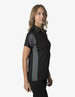 A black polo shirt with grey accents and green detailing, featuring a logo on the front.
