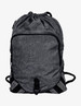 A drawstring backpack in grey fabric with black mesh side pockets and a branding logo.