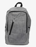 A grey backpack featuring a front zipper pocket and a soft fabric texture, with a top handle and adjustable straps.