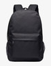 A black backpack featuring adjustable straps, a front pocket, and mesh side pockets. It has a simple, minimalistic design.