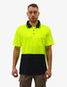 A high-visibility polo shirt in fluorescent yellow with a navy blue bottom and a chest pocket. Features a logo.