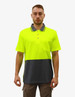 A high-visibility polo shirt in bright yellow and dark grey with a pocket and a logo.