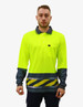 A high-visibility yellow long-sleeve polo shirt with dark blue and yellow striped accents and a left chest pocket.