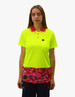 A bright yellow work polo shirt with a pink camo design at the bottom and a pocket on the front.