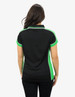 A black polo shirt with green accents, featuring a logo on the back.
