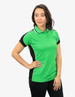 A polo shirt in vibrant green with black accents, featuring a logo on the front. Ideal for casual or sporty wear.