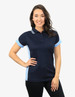 A navy and light blue polo shirt with a collar, featuring short sleeves and a logo.