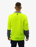 A work polo shirt in bright yellow with patterned grey sleeves and a logo on the back.