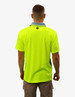A back view of a bright yellow work polo shirt with a grey collar and a logo.