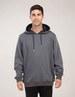 A grey hoodie features a front pocket and drawstring hood, with a subtle logo on the design.
