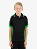 A black polo shirt with green accents, featuring short sleeves and a collar. It has a logo on the front.