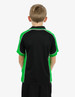 A polo shirt featuring a black and green design with contrasting piping, displayed on a child from the back.