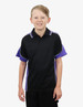 A polo shirt in black with purple accents, featuring a collar and short sleeves. It has a logo on it.