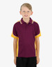 A maroon and yellow polo shirt with a logo, featuring short sleeves and a classic collar.
