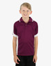 A polo shirt in maroon with white accents, modelled by a smiling child. It features a collar and a logo.