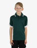 A young boy wearing a green polo shirt with white accents and a logo.