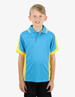 A blue polo shirt with yellow sleeves and detailing, featuring a logo on the left side.