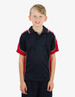 A polo shirt featuring navy blue and red colours with contrasting seams, suitable for casual wear.