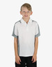 A boy wearing a white and grey polo shirt featuring a logo. The shirt has short sleeves and a collar.