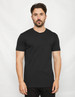 A black T-shirt with a crew neck and a fitted style, featuring a branding logo.
