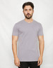 A grey T-shirt with a back panel design, featuring short sleeves and a crew neck. Has a branding logo.