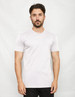 A plain white T-shirt with short sleeves displayed on a male model against a neutral background.