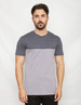 A two-toned T-shirt featuring grey and light grey panels, with a crew neckline and fitted sleeves.