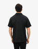 A black polo shirt displayed from the back, featuring short sleeves and a simple design. It has a logo on the upper back.