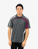 A polo shirt in grey and maroon with contrasting white stripes and a logo.