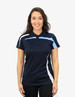 A navy blue polo shirt featuring light blue and white accents, designed for women. Includes a logo on the chest.