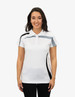 A white polo shirt for women with grey and black accents. It features a collar and a logo on the chest.