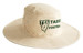 A faded beige canvas hat with a wide brim, featuring a logo on the front.