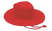 A red Poly Cotton Slouch Hat with a wide brim and a drawstring. It features ventilation holes and has a logo.