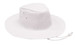 A white Poly Cotton Slouch Hat with a wide brim and an adjustable chin strap. It features ventilation holes and a logo.