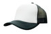 A trucker mesh cap featuring a white front panel and a black mesh back. The cap has a curved brim and a logo.