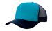 A turquoise and navy trucker mesh cap featuring a solid front panel and mesh sides. It has a curved brim.