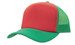 A truckers mesh cap featuring a red front and green mesh back. It has a curved brim and a logo on the front.