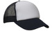 A truckers mesh cap featuring a white front panel and navy blue brim and mesh back. It has a logo on the front.