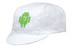 A white cycling cap featuring a green logo on the front. The cap has a classic design with a stiff brim.