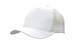 A white cap featuring a breathable poly twill front and a mesh back, complete with a logo on the front.