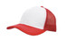 A red and white cap with a breathable mesh back and a curved brim, featuring a logo on the front.
