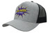 A grey marle cap with a black mesh back, featuring a logo on the front.