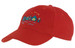 A red college cap featuring an embroidered design of houses and waves. The cap includes a logo.