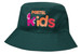 A green breathable poly twill bucket hat featuring a logo and colourful text for kids.