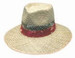 A natural straw hat featuring a green under brim and a red band, available in sizes S, M, L, and XL.
