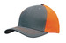 A grey and orange cap with a contrast design and curved brim, featuring a logo on the front.