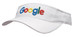 A white sports visor featuring colourful lettering and a logo on the front.