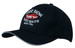 A black cap with sandwich trim featuring a logo and embroidered graphics of a red car.